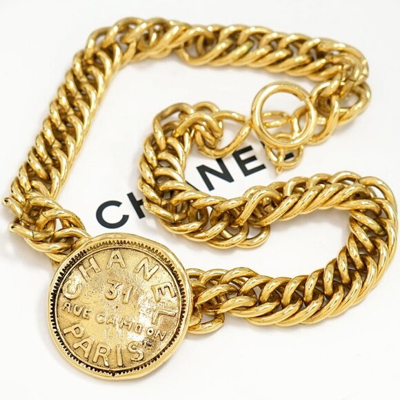 CHANEL 31 RUE CAMBON PARIS Coin Choker Necklace 16" Gold Tone w/Box - Picture 1 of 8
